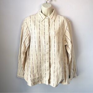 Vtg Woolrich Women’s Cream Burgundy/Red Tan Striped Button-Up Shirt Size Large